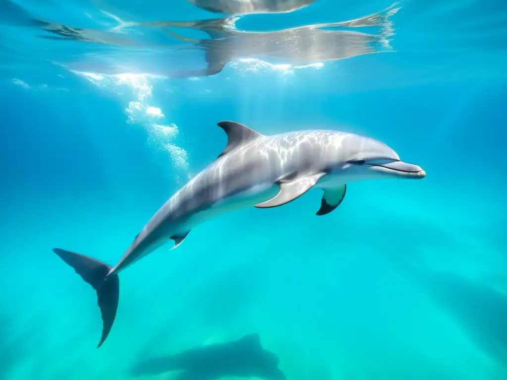 Grupo de delfines nadando graciosamente en aguas cristalinas, evocando asombro y aprecio por la vida marina