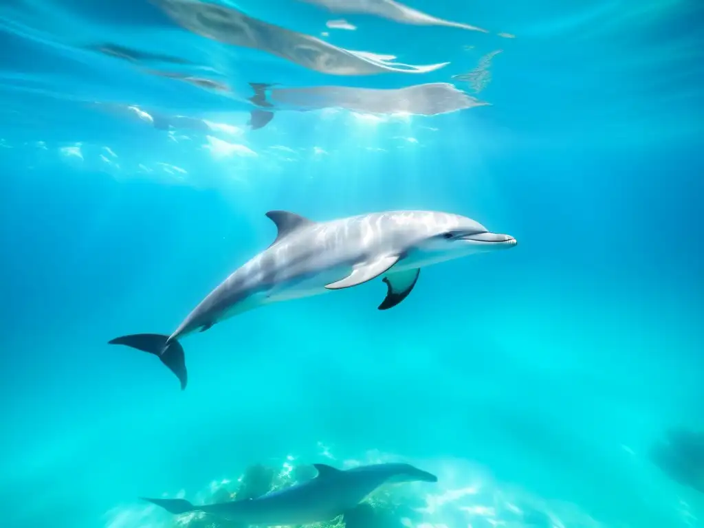 Un grupo de delfines nada graciosamente en aguas turquesas cristalinas, irradiando tranquilidad y belleza natural