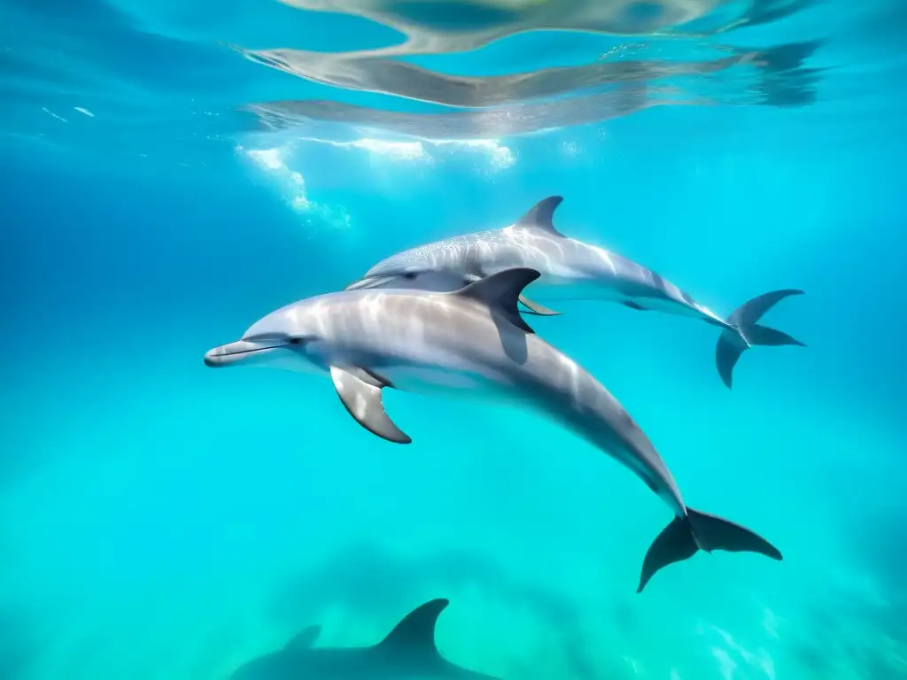 Un grupo de delfines juega grácilmente en aguas turquesas, creando una escena marina serena y fascinante