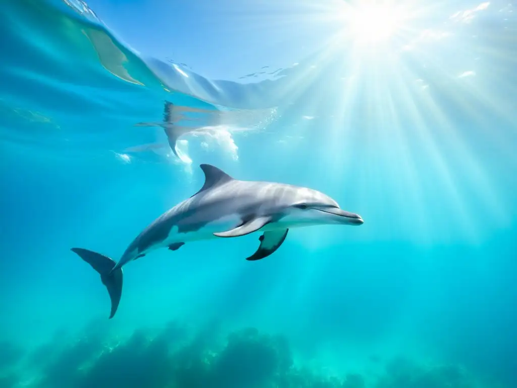 Un grupo de delfines majestuosos nada graciosamente en aguas turquesa cristalinas, con la luz solar filtrándose a través de la superficie