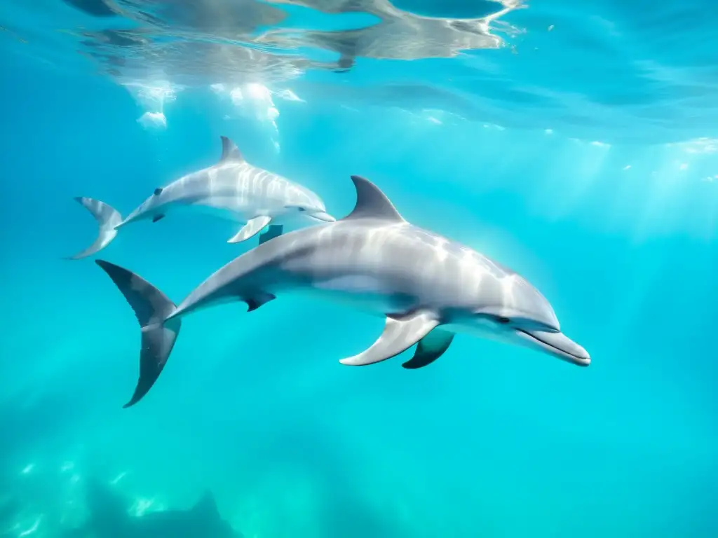 Un grupo de delfines plateados surcando el agua con gracia, creando una escena de belleza natural inspirada en cetáceos