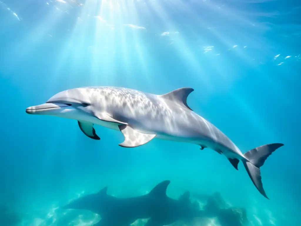 Un grupo de delfines plateados surcando las aguas turquesas con gracia, utilizando la ecolocación para comunicarse