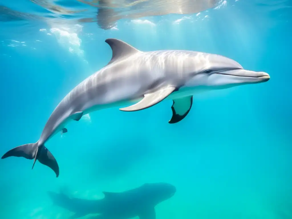 Un grupo de delfines plateados surca elegante las aguas turquesas cristalinas