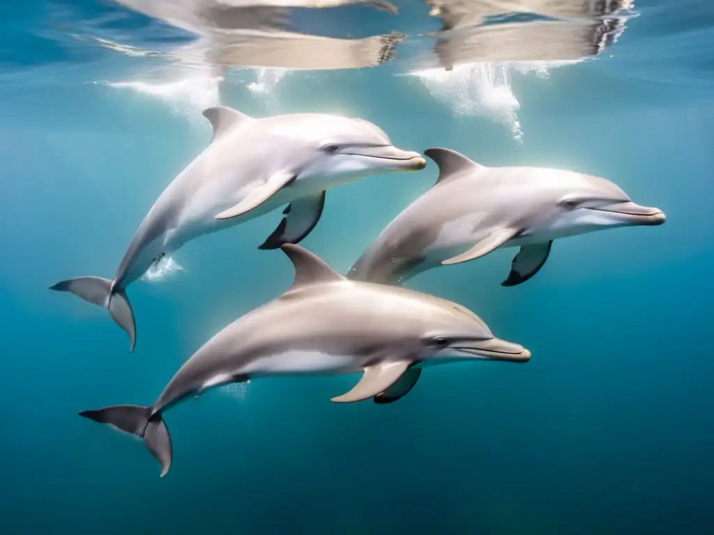 Un grupo de delfines plateados navega con gracia en las oscuras aguas, creando un paisaje misterioso y fascinante de navegación delfines aguas oscuras