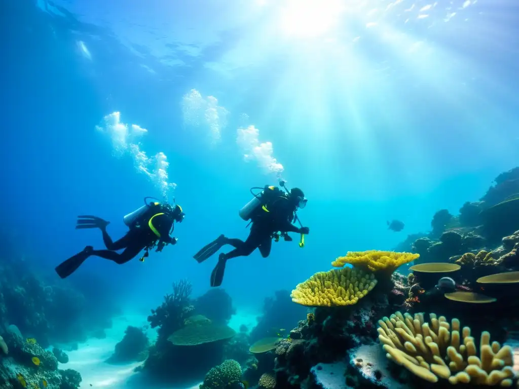 Un grupo diverso de buceadores explora un arrecife de coral, mostrando la inclusividad y belleza del buceo adaptado