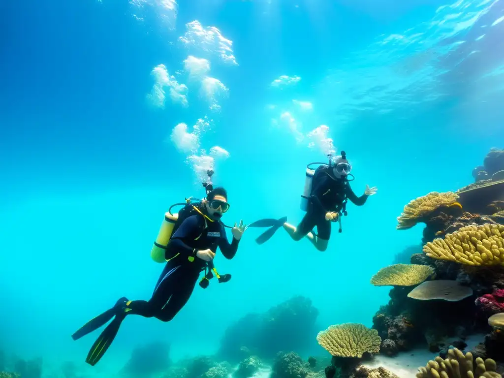 Grupo diverso disfruta de buceo adaptativo cursos inclusivos en arrecife de coral, transmitiendo libertad y empoderamiento bajo el agua