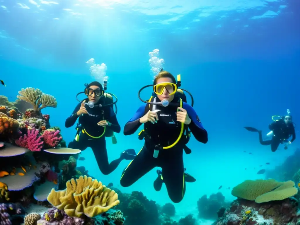 Un grupo diverso de mujeres se sumerge en el mar, rodeadas de vida marina y corales coloridos