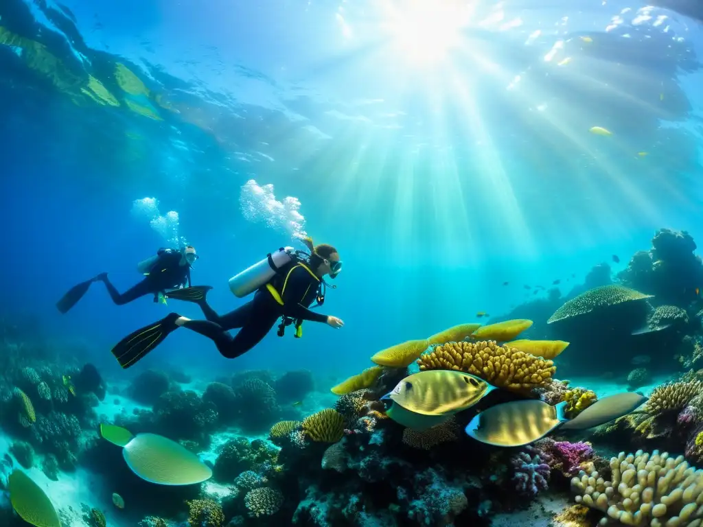 Un grupo diverso de mujeres submarinistas exploran un vibrante arrecife de coral, rodeadas de vida marina