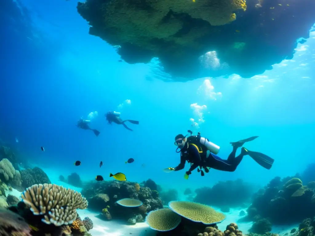 Un grupo diverso de participantes disfruta de un curso de buceo adaptativo en aguas cristalinas, rodeados de coral y peces