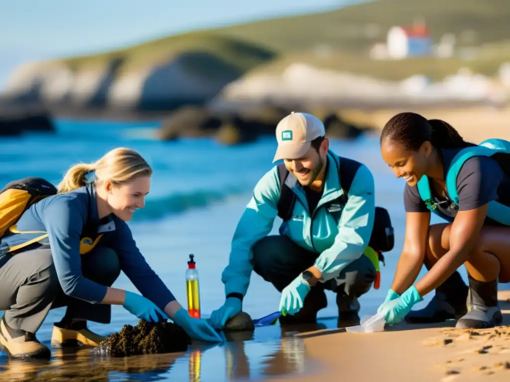 Un grupo diverso de voluntarios realiza monitoreo oceánico para el cambio climático en una costa soleada