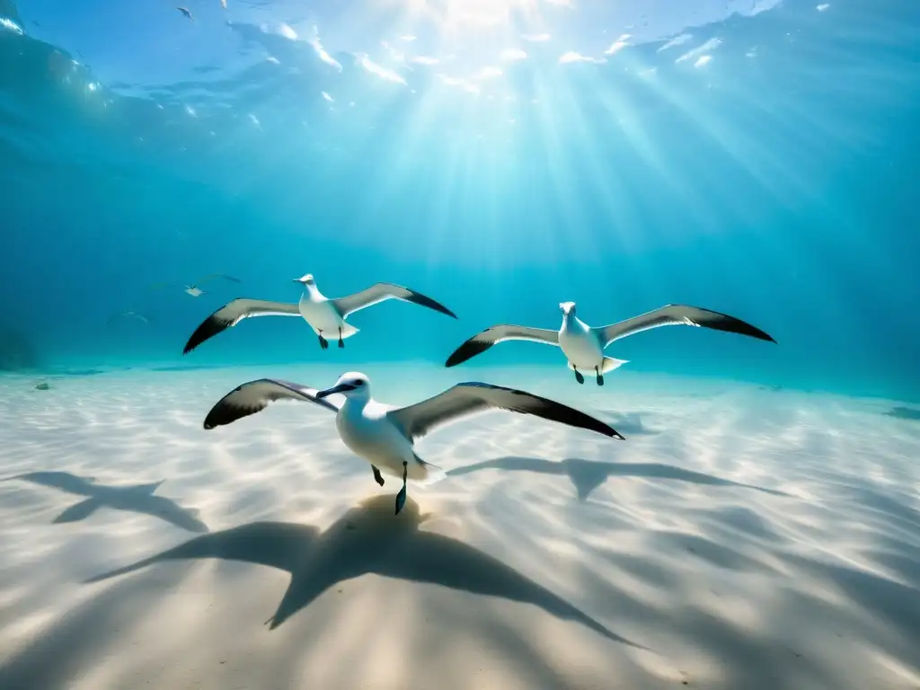 Un grupo de elegantes albatros planea con gracia sobre el océano turquesa, creando sombras dramáticas en el lecho marino