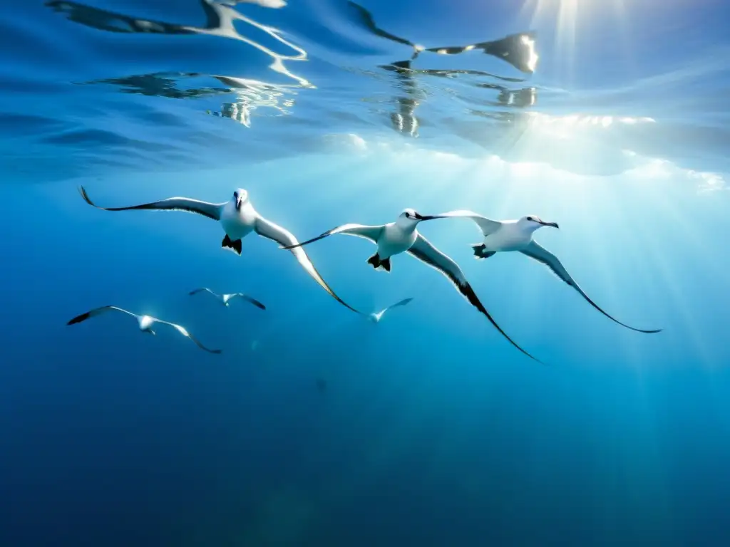 Un grupo de elegantes albatros planea graciosamente en el océano, destacando sus técnicas de alimentación únicas