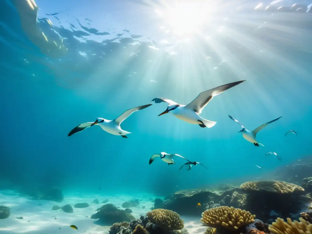 Un grupo de elegantes aves marinas se sumerge con gracia en aguas cristalinas, desplegando sus alas mientras navegan sin esfuerzo