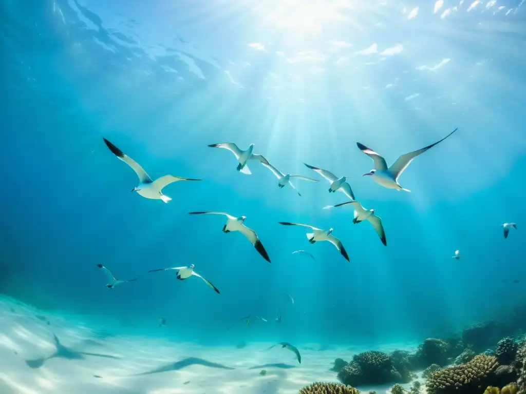 Un grupo de elegantes aves marinas planea graciosamente sobre el océano, con reflejos en el agua