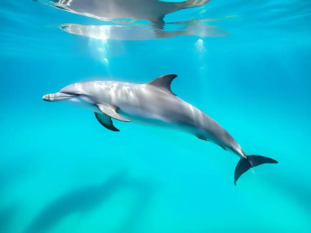 Un grupo de elegantes delfines nada grácilmente en aguas turquesa, con un brillo hipnotizante que resalta su belleza