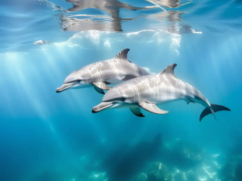 Un grupo de elegantes delfines plateados se desliza graciosamente a través de aguas cristalinas, interactuando lúdicamente