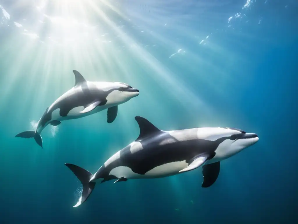 Un grupo de elegantes orcas conquistan las profundidades marinas, sus cuerpos blancos y negros contrastan con los tonos azules y verdes del océano