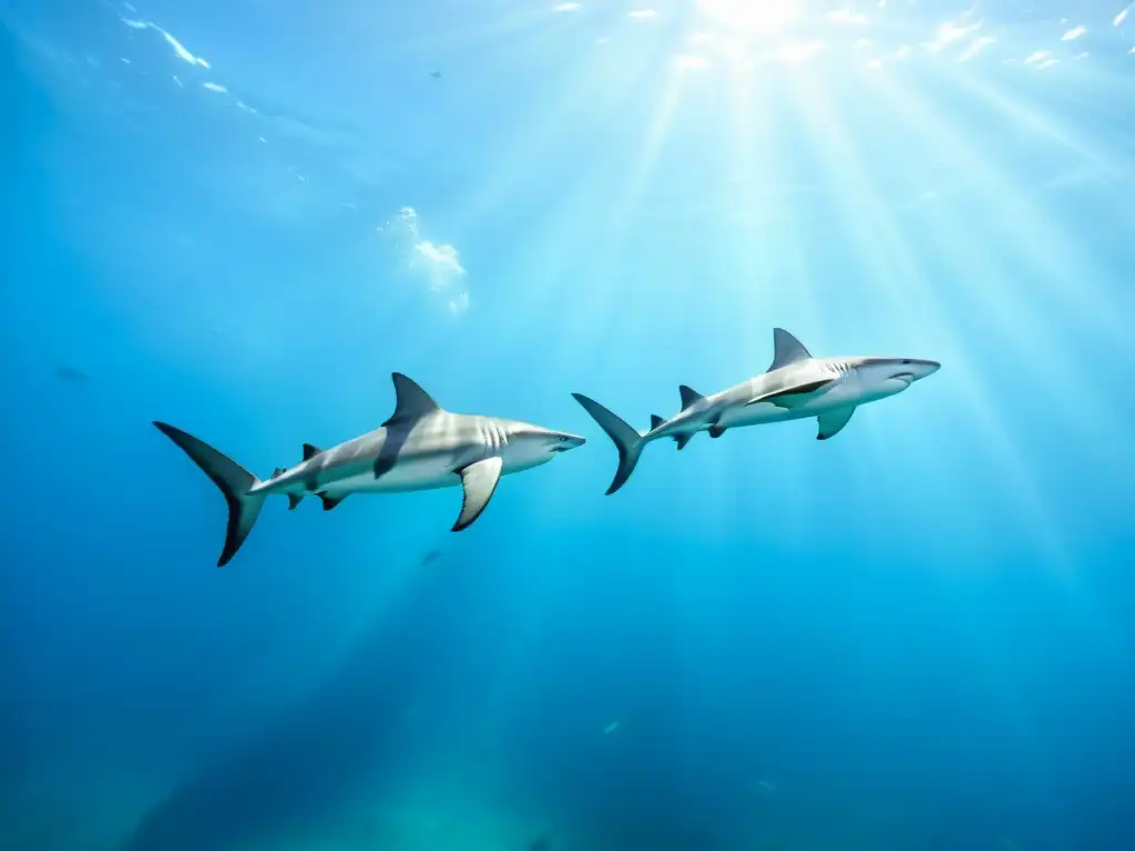 Grupo de elegantes tiburones martillo nadando en el oceano, comunicación y socialización en tiburones