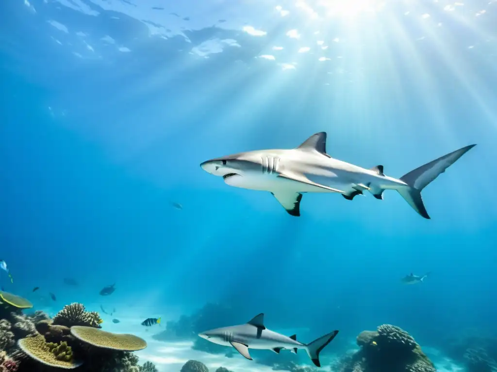 Un grupo de elegantes tiburones patrulla el vibrante arrecife de coral, destacando la importancia de los tiburones en el ecosistema marino