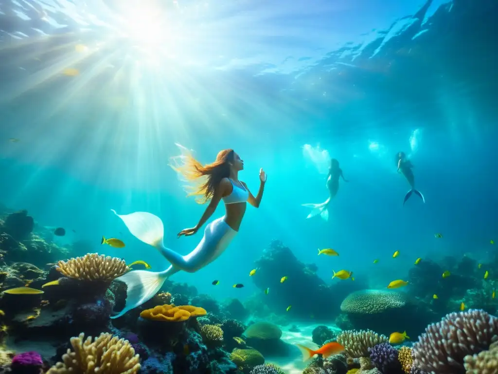 Un grupo de enigmáticas sirenas nadan elegantemente entre un arrecife de coral colorido, evocando las leyendas del mar