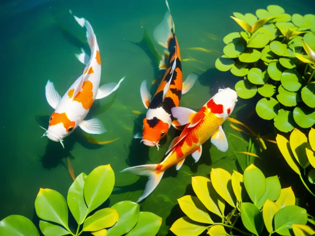 Un grupo de especies peces agua fría, koi coloridos nadando entre plantas acuáticas verdes, con escamas brillantes bajo la luz del sol filtrada