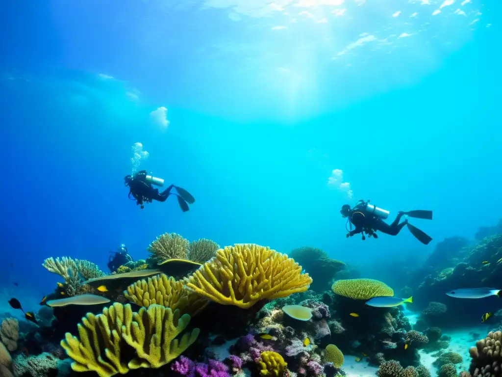 Un grupo de estudiantes en viajes educativos preservación vida marina, observando la vida marina en un arrecife de coral vibrante