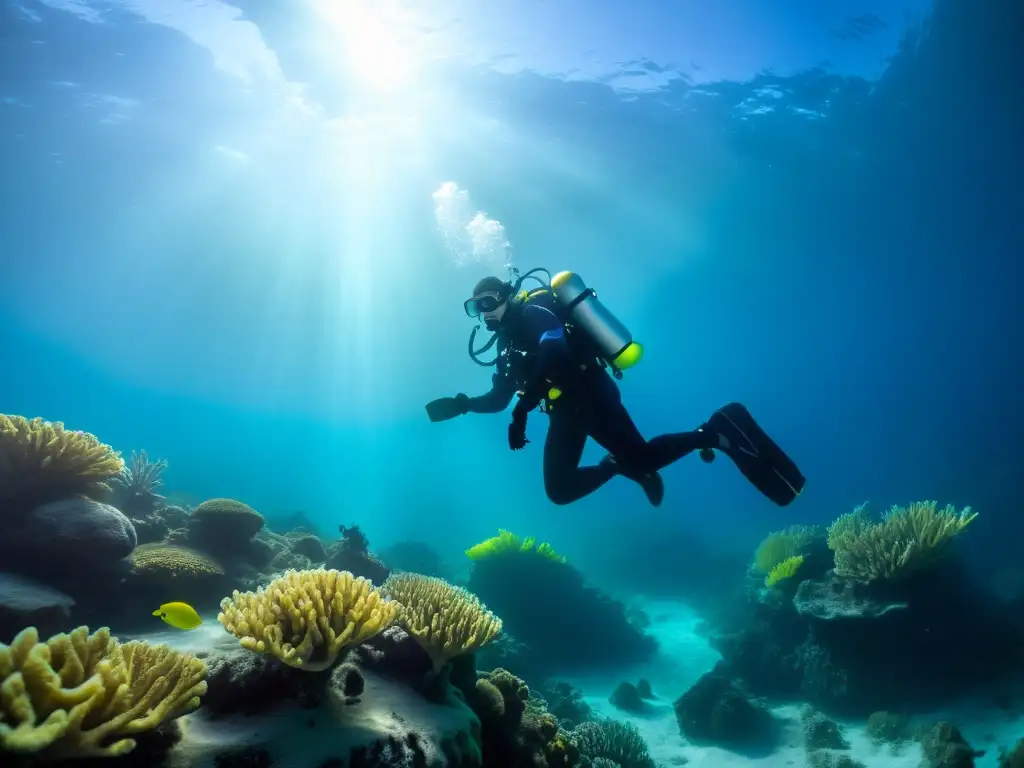 Un grupo de experimentados buzos equipados con equipos de buceo para expediciones polares, explorando las cristalinas aguas del Ártico