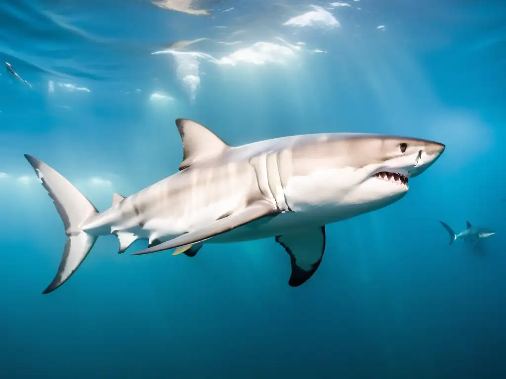 Un grupo de imponentes tiburones blancos surcando las gélidas aguas, desafiando la vida en su reino de aguas frías