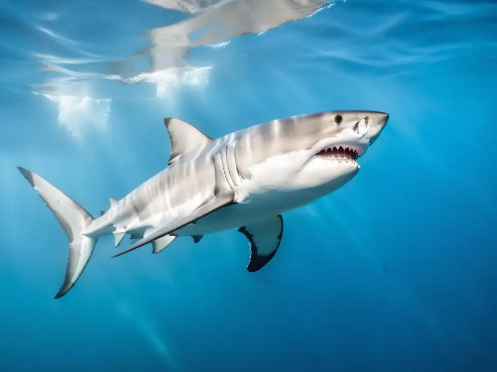 Un grupo de imponentes tiburones blancos deslizándose con gracia y poder en aguas frías