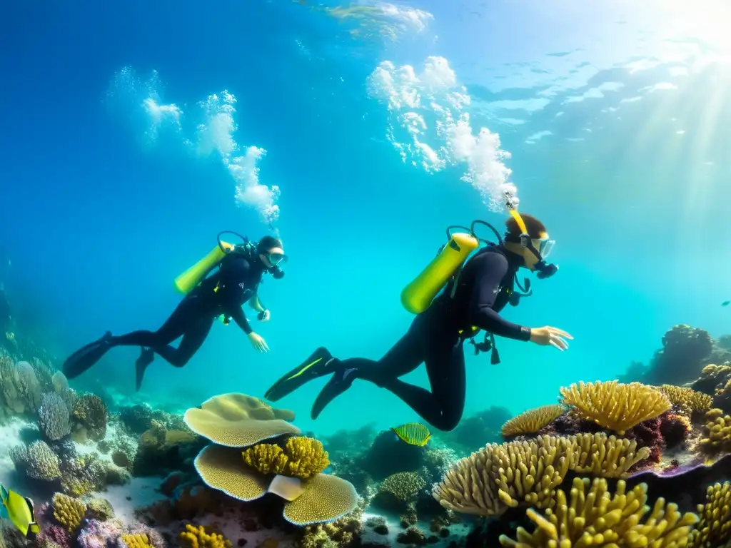 Grupo de investigadores marinos amateurs explorando un arrecife de coral vibrante, lleno de vida marina colorida