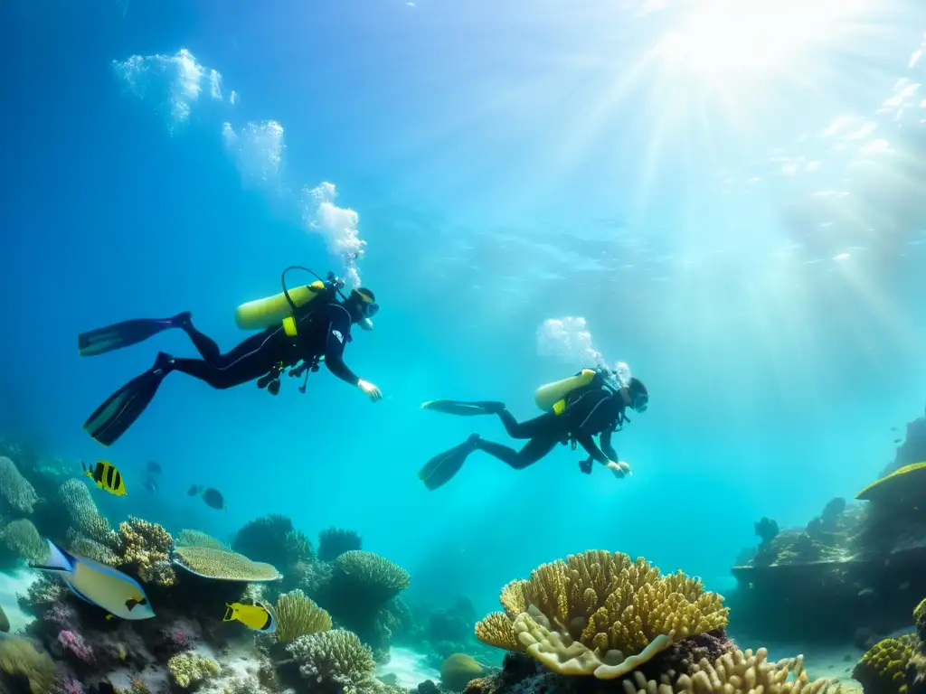Un grupo de jóvenes biólogos marinos exploran con entusiasmo un vibrante arrecife de coral
