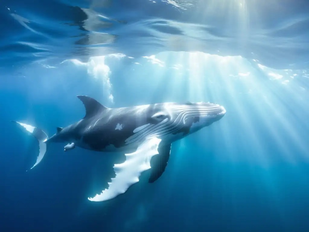 Un grupo de majestuosas ballenas jorobadas nada con gracia en las cristalinas aguas del océano, mientras emiten sonidos melódicos y hermosos