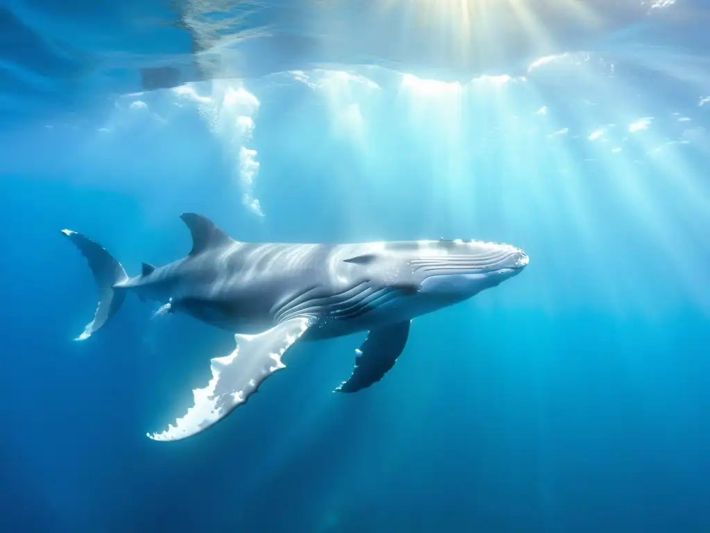 Un grupo de majestuosas ballenas jorobadas nada graciosamente en aguas cristalinas y turquesas, rodeadas por peces y arrecifes de coral vibrantes