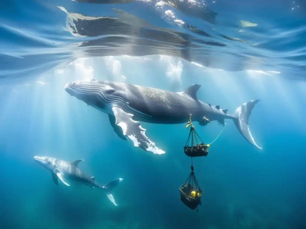 Un grupo de majestuosas ballenas jorobadas nada grácilmente entre redes de pesca abandonadas en un escenario fantasmal