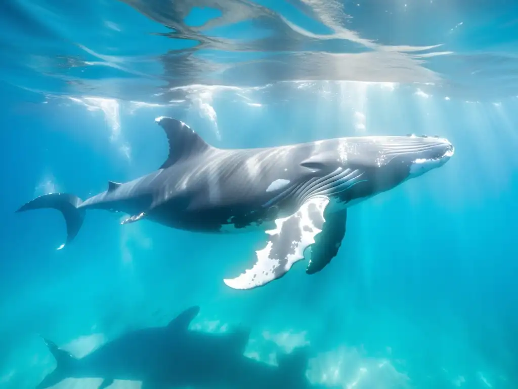 Un grupo de majestuosas ballenas jorobadas se desliza grácilmente en aguas turquesas cristalinas, creando una escena submarina serena y etérea