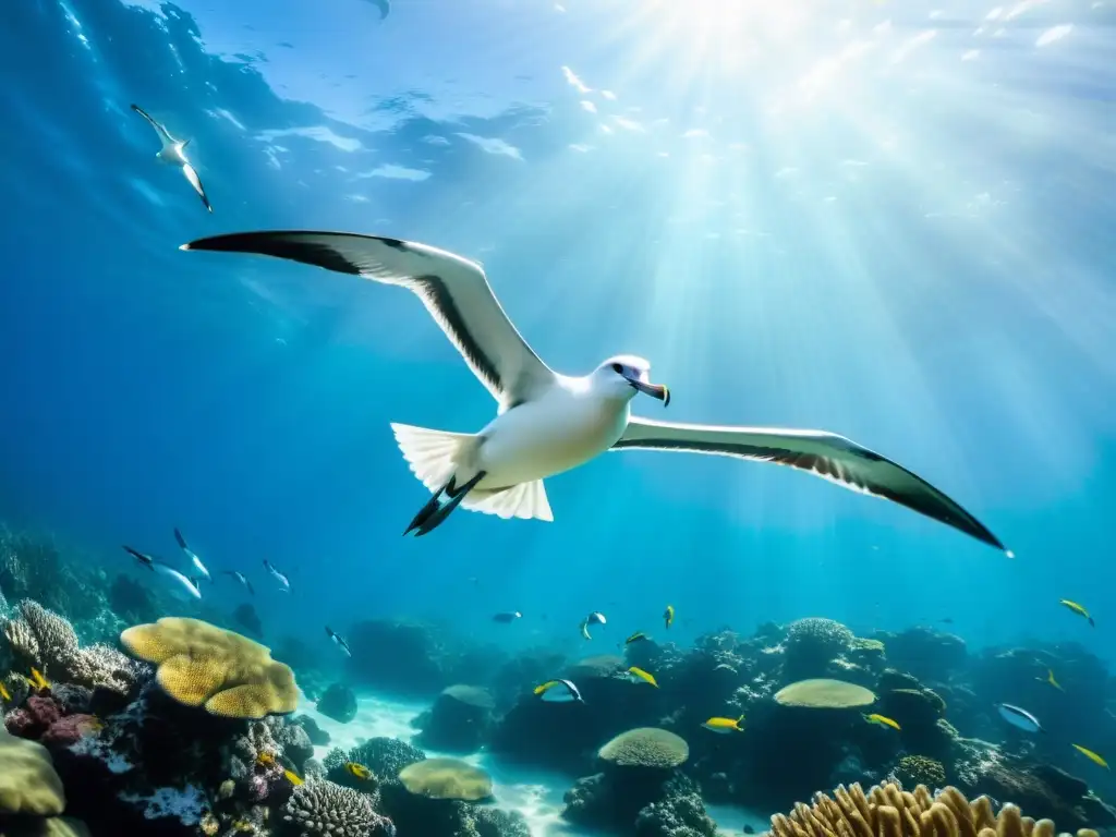 Grupo majestuoso de albatros sobrevolando un arrecife de coral colorido en aguas cristalinas, transmitiendo sensibilización aves marinas oceánicas