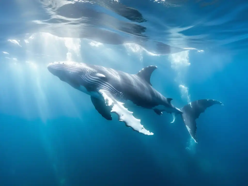 Grupo majestuoso de ballenas jorobadas nadando con gracia en aguas cristalinas