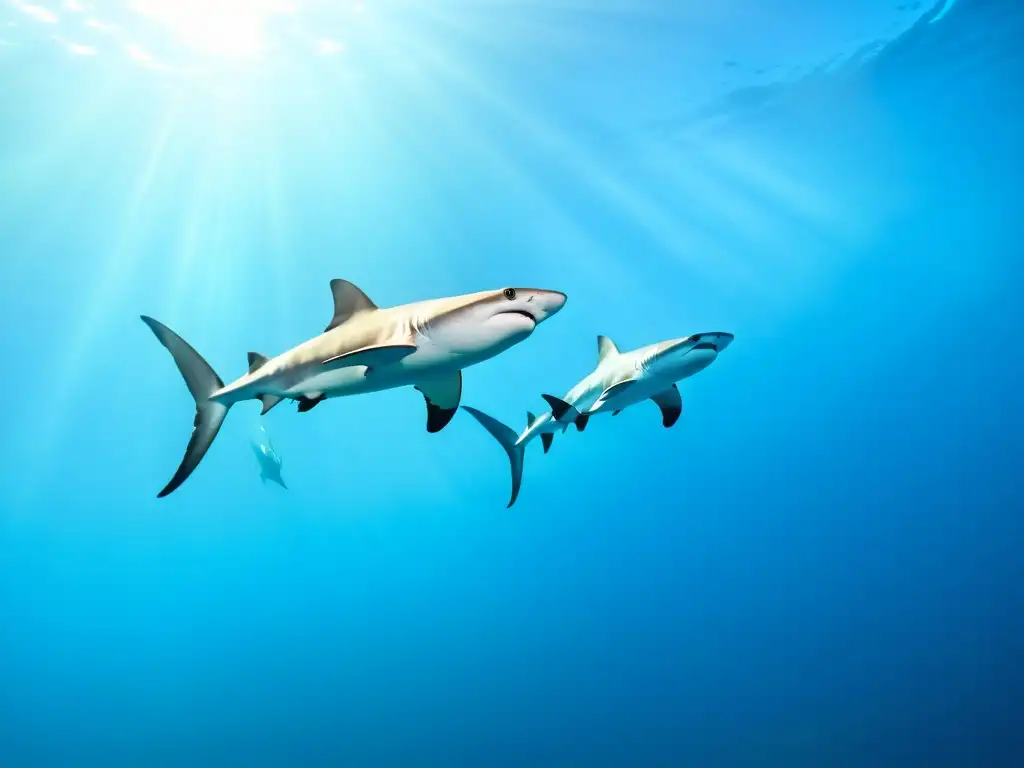 Un grupo majestuoso de tiburones martillo deslizándose con gracia en aguas cristalinas