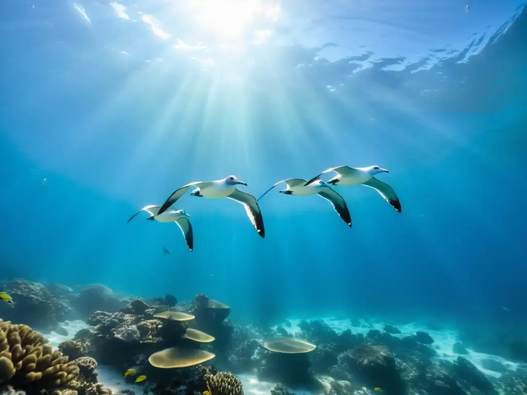 Un grupo de majestuosos albatros planea elegante sobre un vibrante arrecife de coral en aguas cristalinas, creando una escena submarina cautivadora