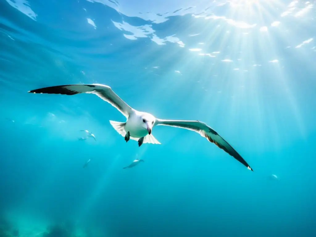 Un grupo de majestuosos albatros planeando con gracia en aguas turquesa, mostrando su plumaje blanco