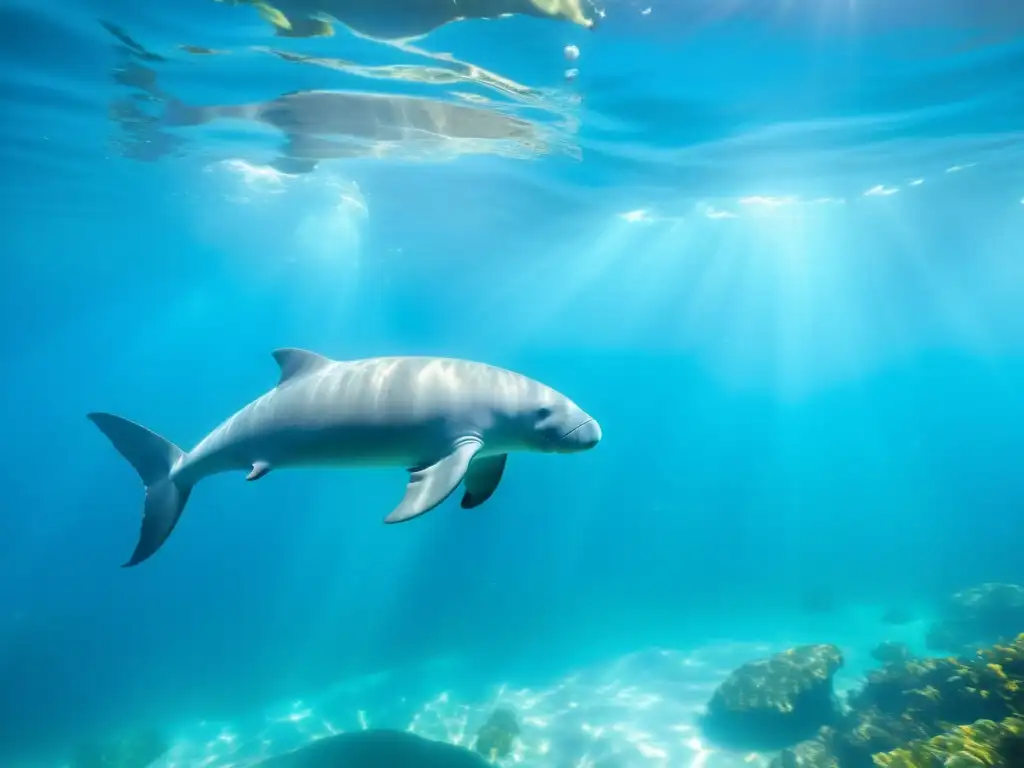 Un grupo de manatíes nada tranquilamente en aguas azules, rodeados de flora acuática