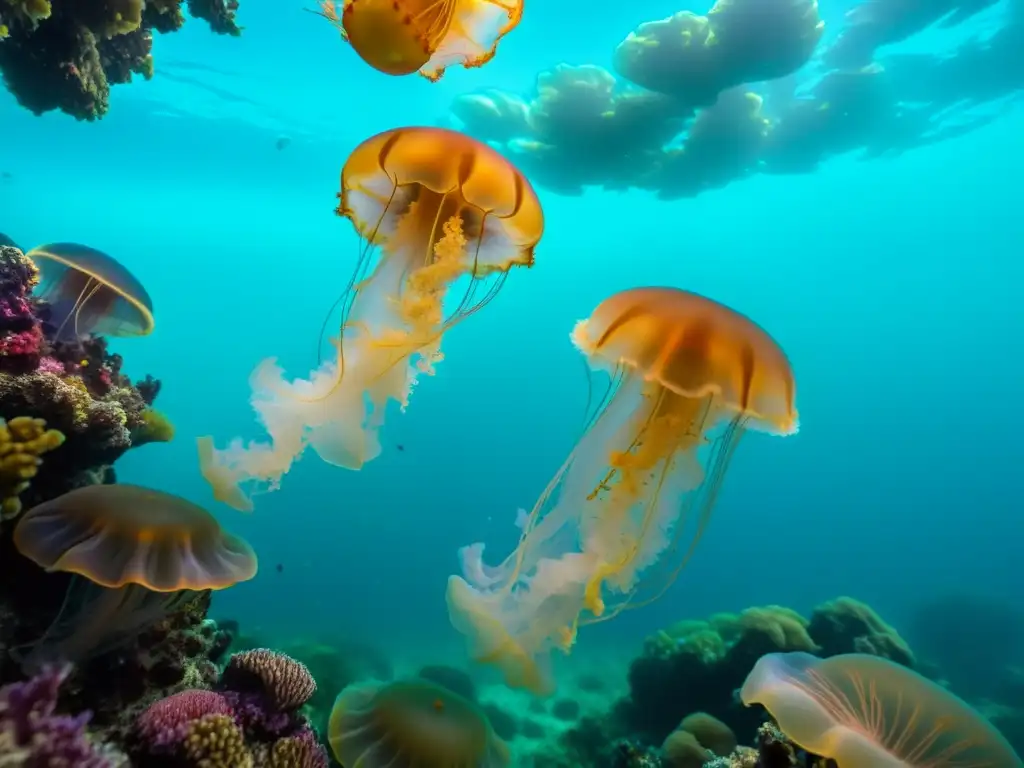 Grupo de medusas bioluminiscentes modificadas nadando en arrecife de coral, iluminando el entorno marino