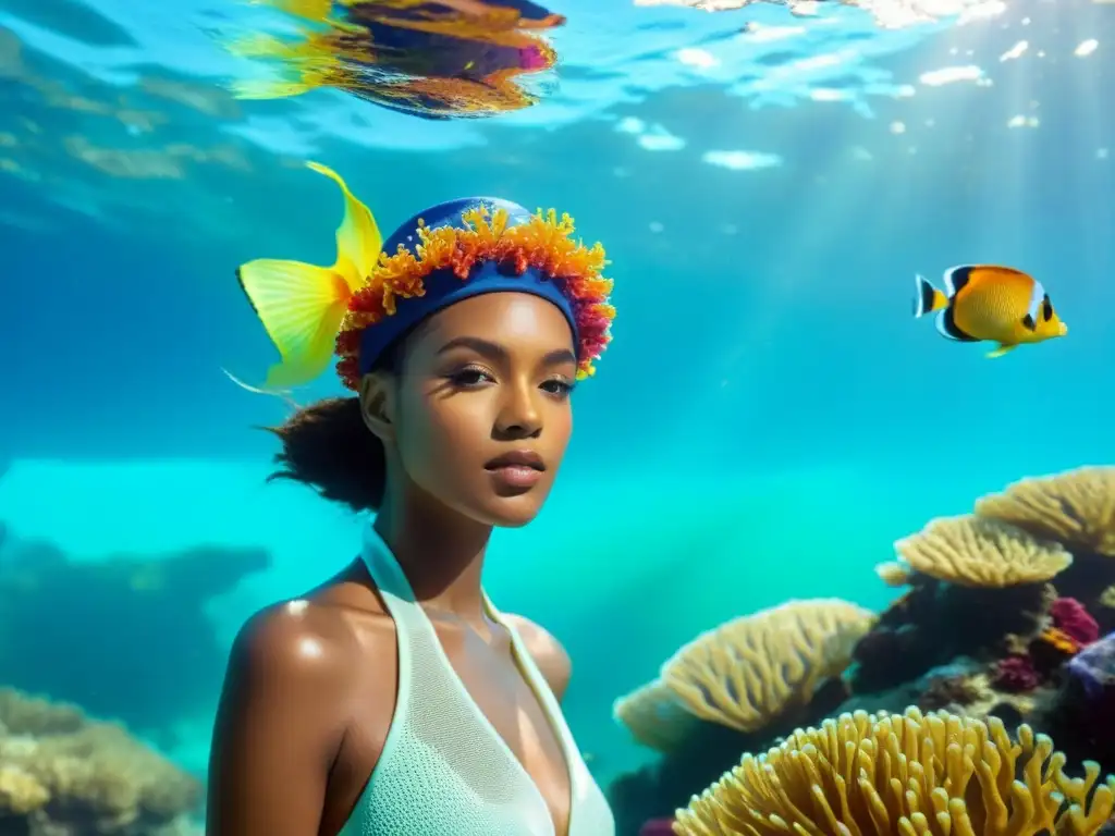 Un grupo de modelos con gorros y sombreros inspirados en el océano posan bajo el agua rodeados de vida marina y luz filtrada