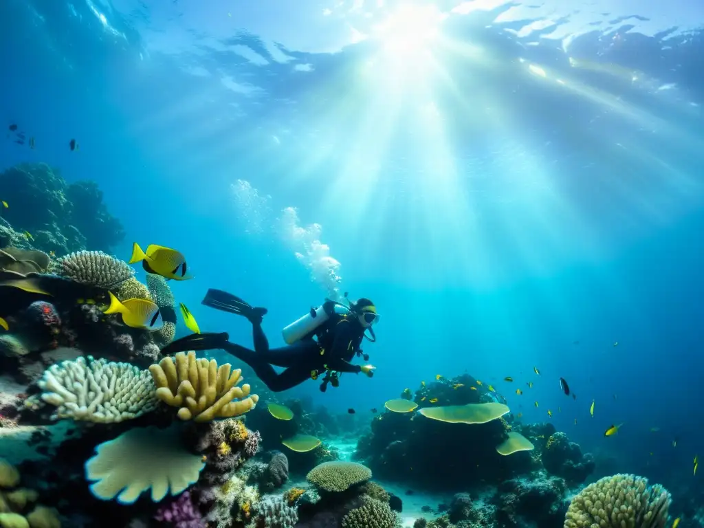 Grupo de mujeres buceadoras explorando un arrecife de coral, rodeadas de peces coloridos y formaciones coralinas