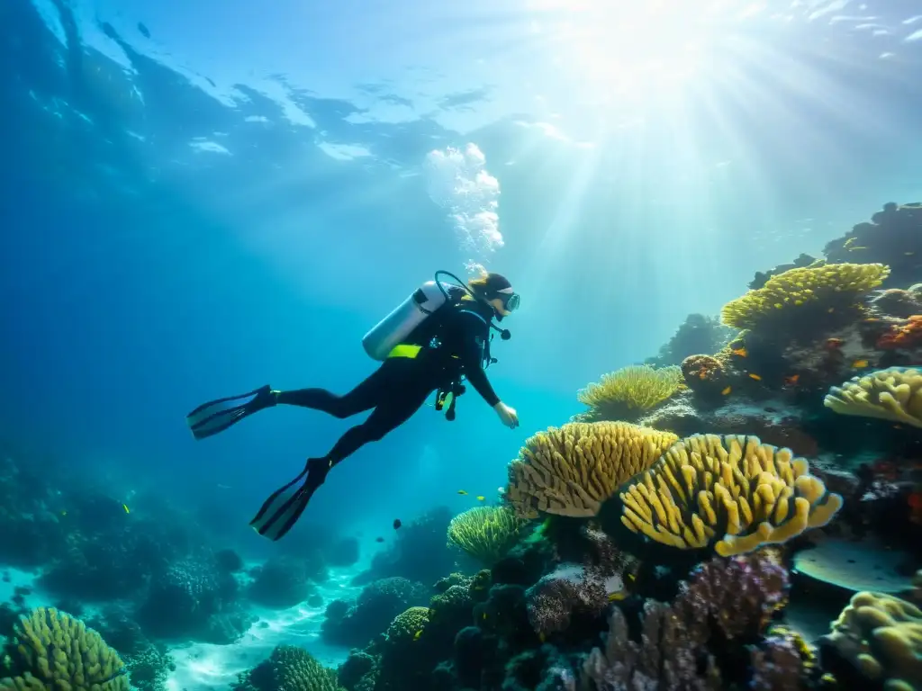 Un grupo de mujeres buceadoras explorando un mundo submarino vibrante, transmitiendo tranquilidad y empoderamiento