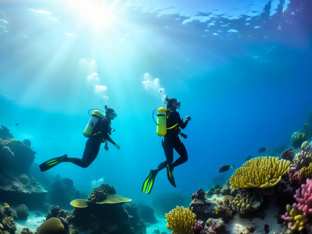 Grupo de mujeres diversas disfrutan la exploración submarina entre arrecifes de coral coloridos, transmitiendo empoderamiento y camaradería