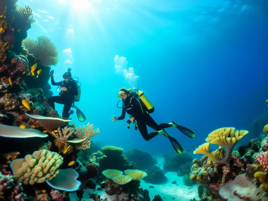 Un grupo de mujeres diversas, admirando la vida marina en un arrecife de coral mientras bucean