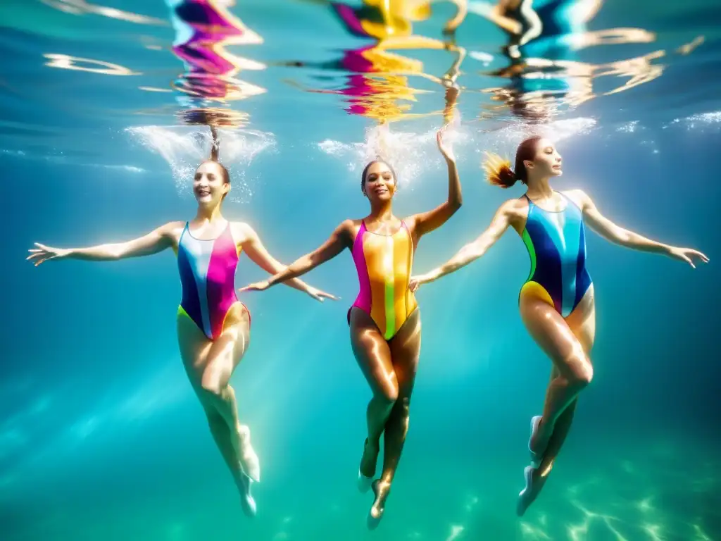 Grupo de nadadoras sincronizadas con trajes brillantes y coloridos, creando una escena etérea y cautivadora que muestra la belleza y la precisión del nado sincronizado para mejorar flotabilidad