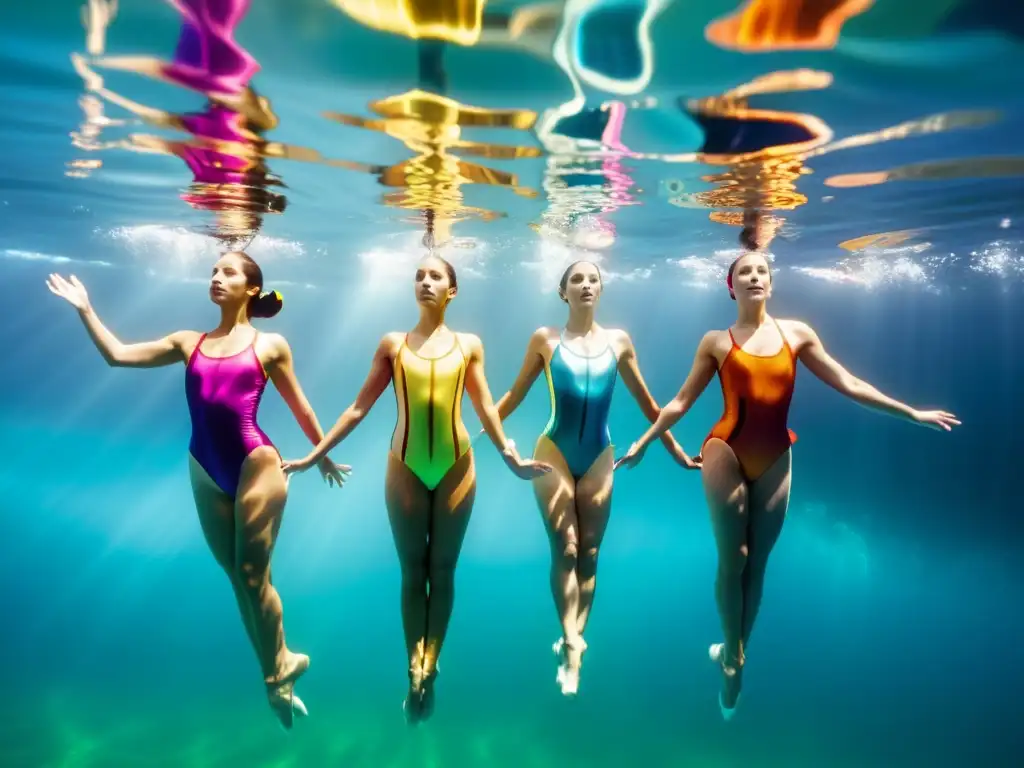 Grupo de nadadoras sincronizadas en trajes brillantes, creando patrones hipnóticos en el agua, mejorando flotabilidad nado sincronizado
