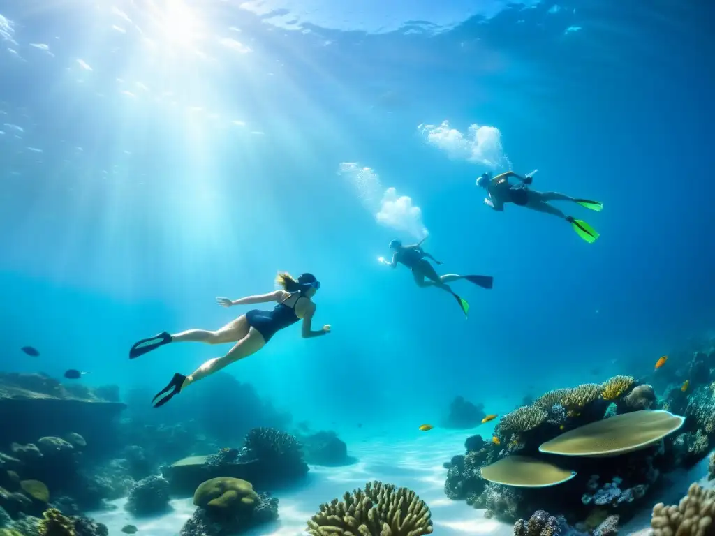 Grupo de nadadores profesionales con equipo de entrenamiento de intervalos para oxígeno marino, surcando el agua cristalina y colorida rodeados de vida marina